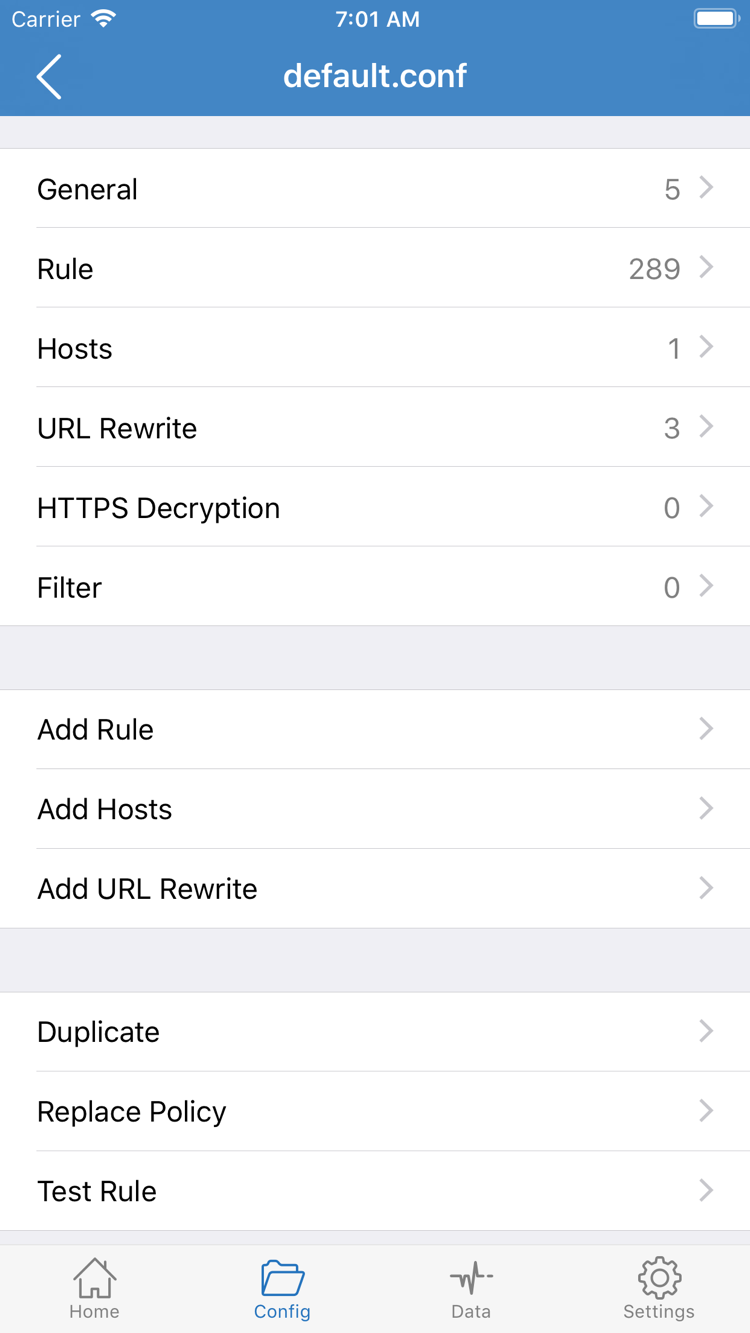 Official Shadowrocket Config editor screenshot showing General, Rule, Hosts, URL Rewrite, HTTPS Decryption, and Add Rule