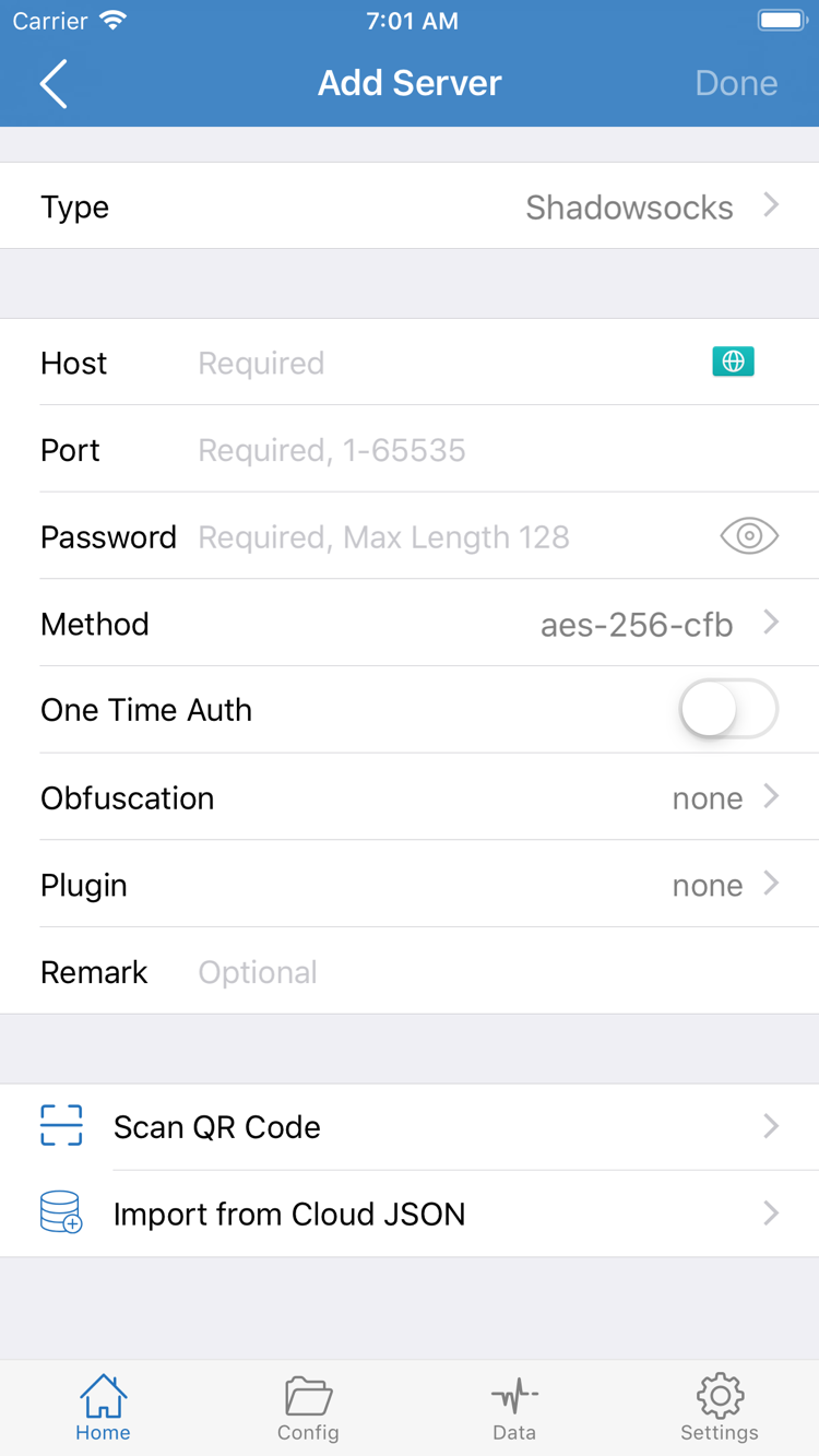 Official Shadowrocket Add Server screenshot showing Type, Host, Port, Password, Method, and the QR code import option